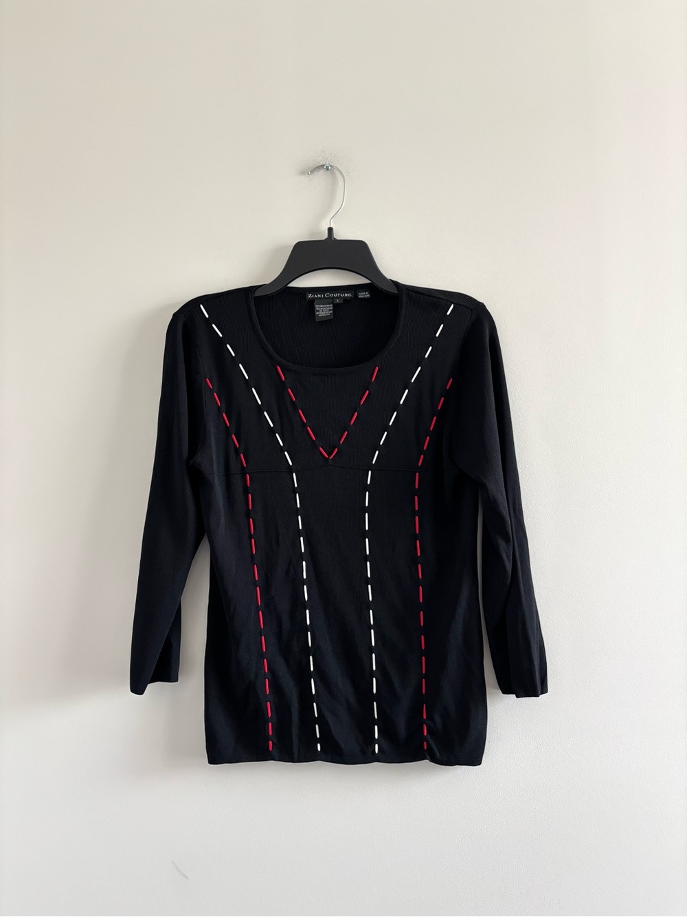Vintage Ziani Couture Knit Top Black Red White Print Womens L Art to Wear 90s